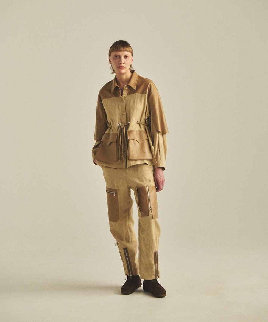 BRUSHED LINEN ZIP PANTS