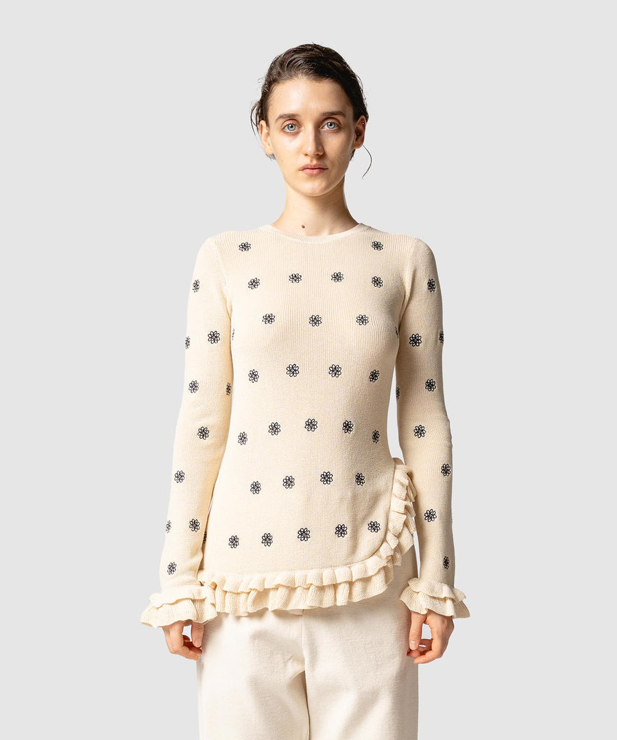 CREST EMBROIDERY FRILLED TOP