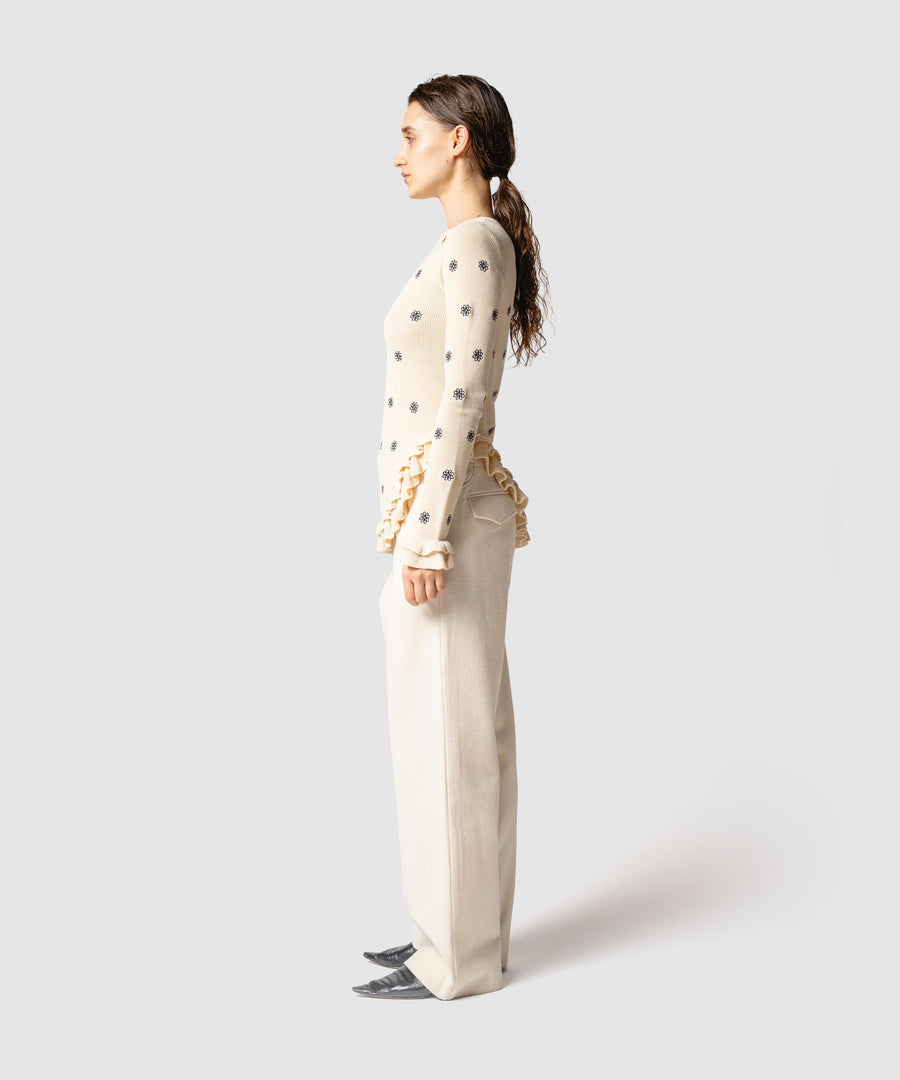 CREST EMBROIDERY FRILLED TOP
