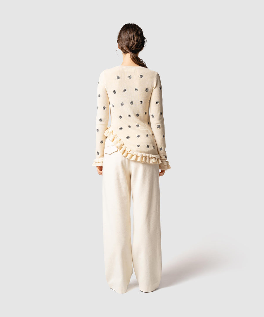 CREST EMBROIDERY FRILLED TOP