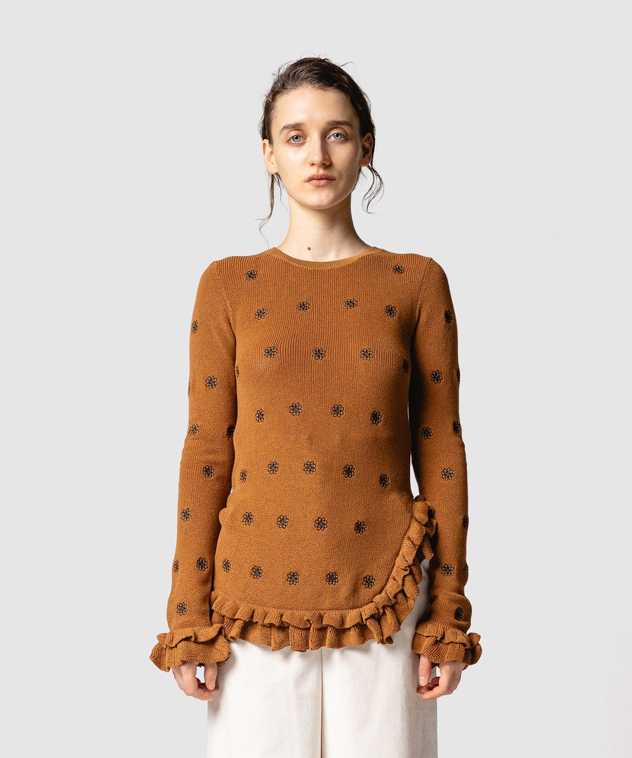 CREST EMBROIDERY FRILLED TOP