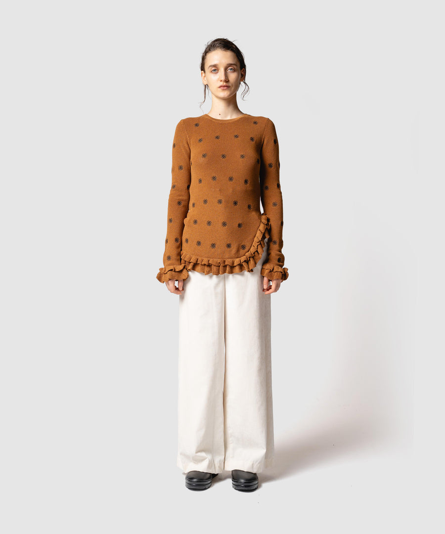 CREST EMBROIDERY FRILLED TOP