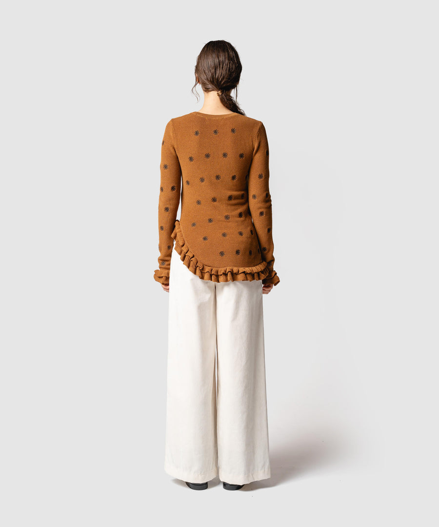 CREST EMBROIDERY FRILLED TOP