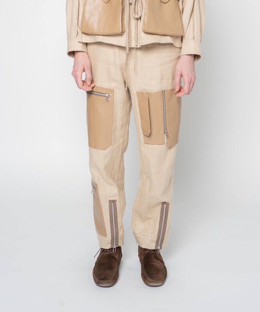 BRUSHED LINEN ZIP PANTS